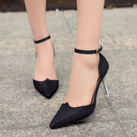 Black glitter buckle strap pumps