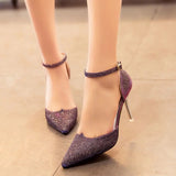 Purple glittery buckle strap pumps
