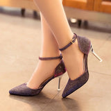 Purple glittery buckle strap pumps